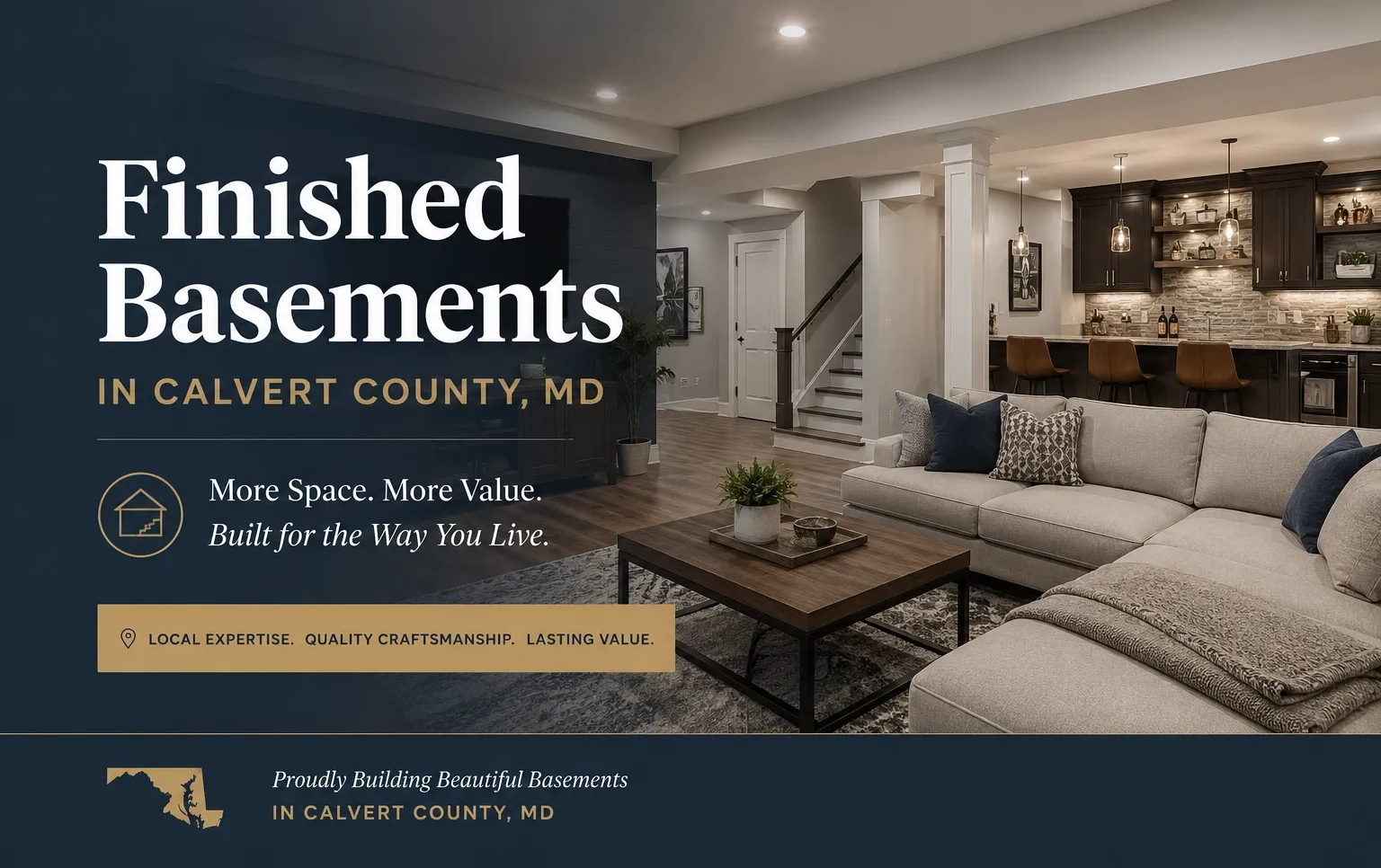 Luxury finished basement living room in Calvert County, MD, with gray sectional and warm lighting.