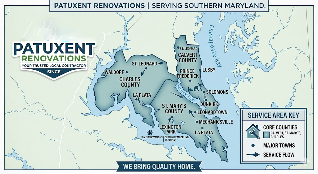 Patuxent Renovations logo over a Maryland service area map with city labels and blue-gray design