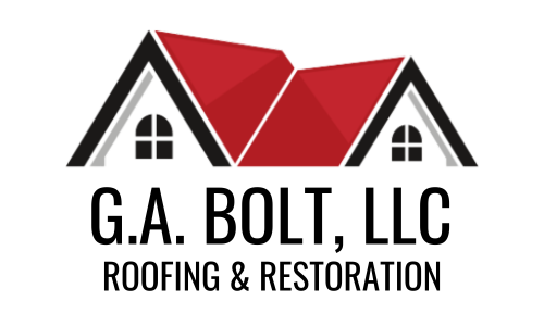 a logo for g.a. bolt roofing llc with a red roof