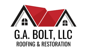 a logo for g.a. bolt roofing llc with a red roof