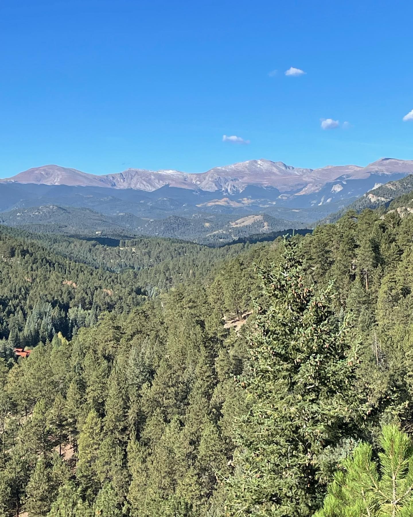 Forested valley with distant mountains under a blue sky. Some snow on the mountain peaks.