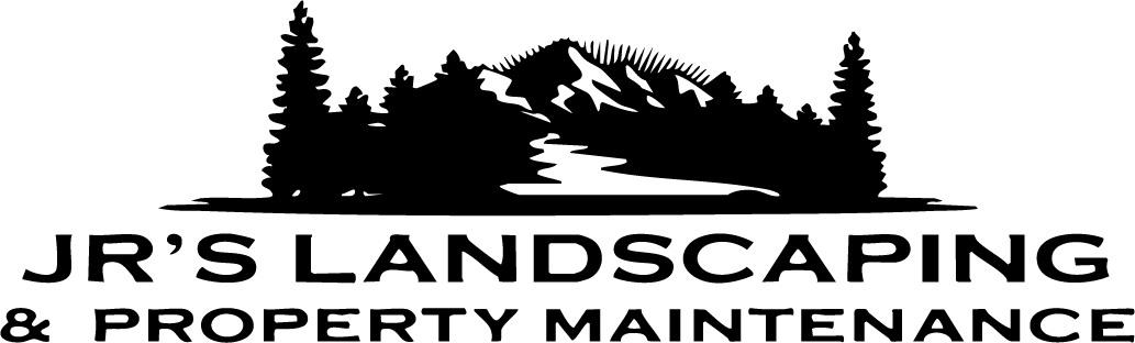 Logo for JR's Landscaping & Property Maintenance with a mountain and trees in black.
