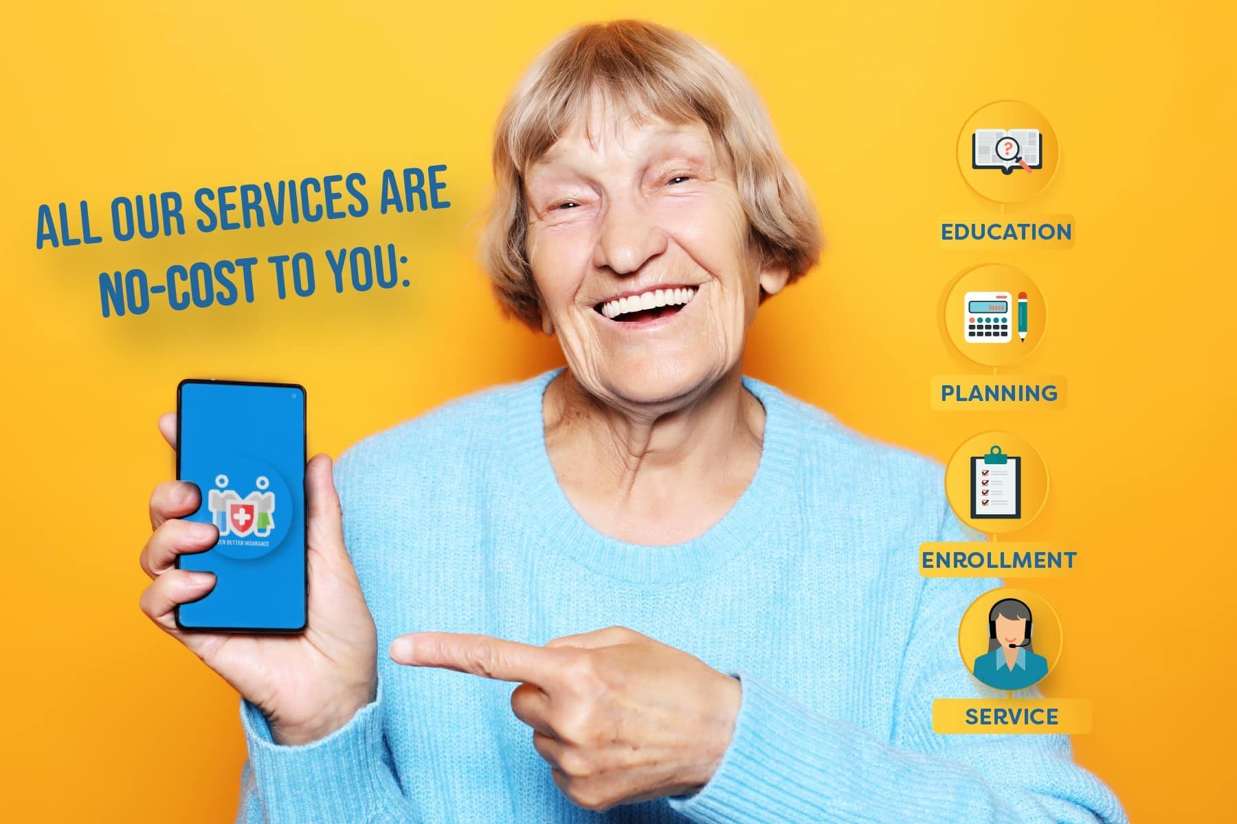 Smiling person points to phone