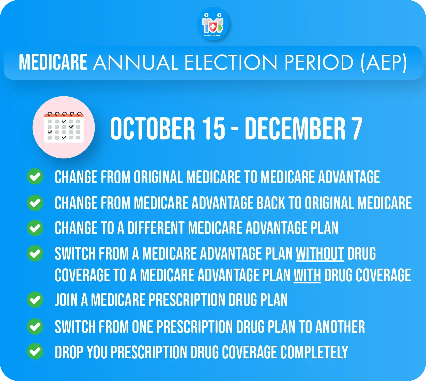 Medicare Annual Election Period (AEP) reminder: October 15-December 7.