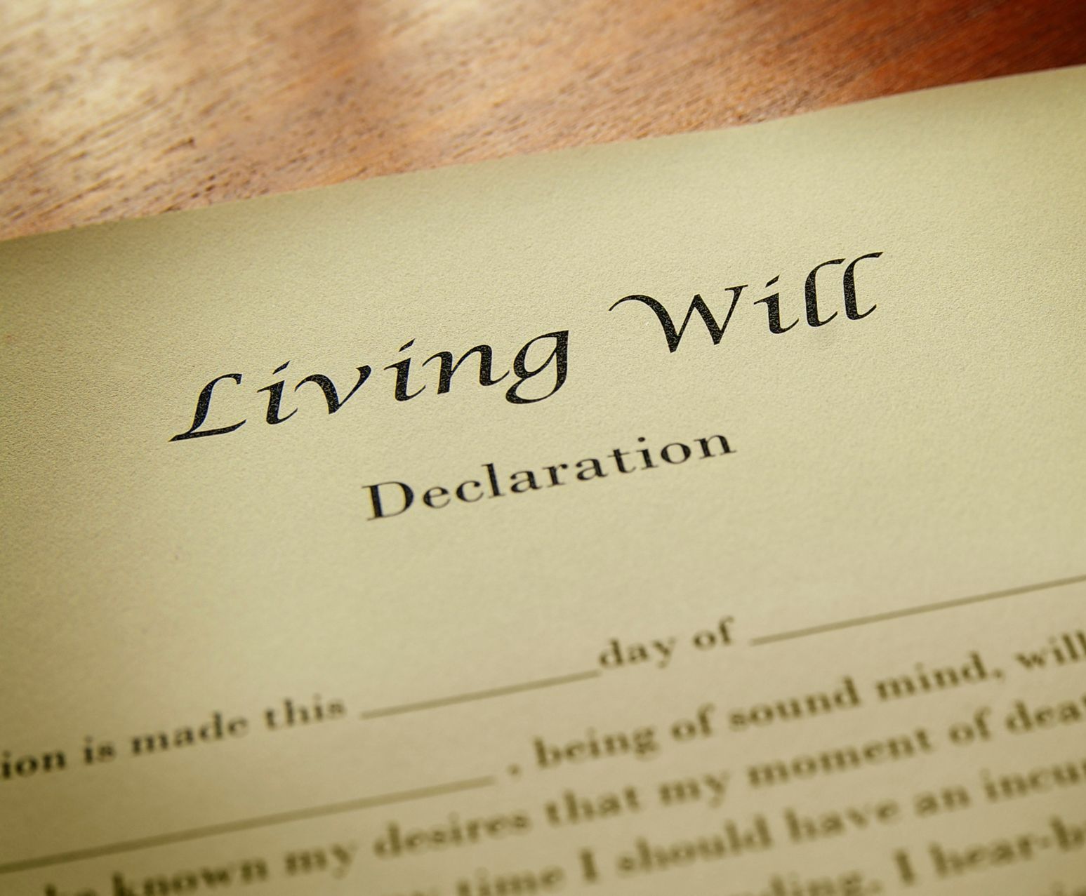 A close up of a living will declaration on a table