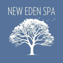 The logo for new eden spa shows a tree with birds flying around it.