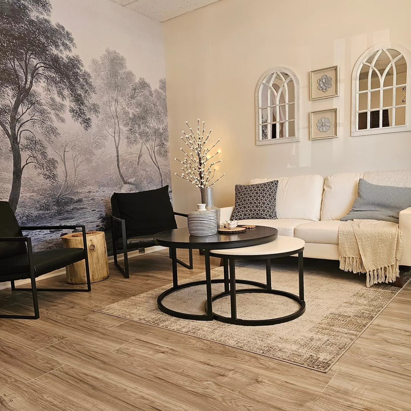 The front lobby of New Eden Spa with a couch and two coffee tables