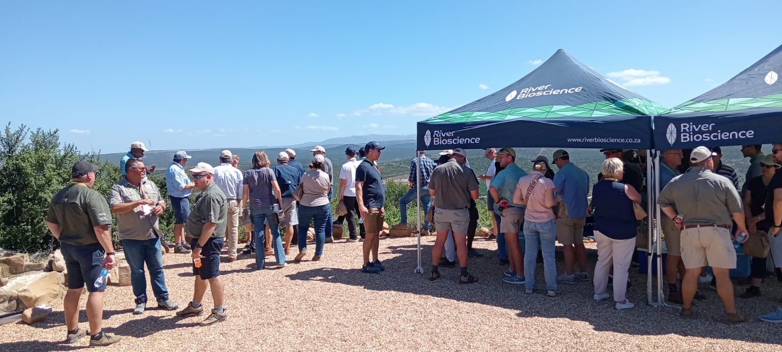 People gather under tents on a scenic overlook.