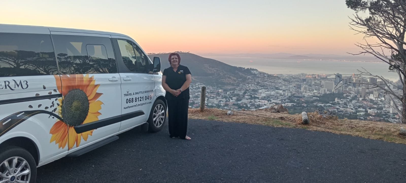 Woman standing by a van with a sunflower graphic, overlooking a city at sunset.