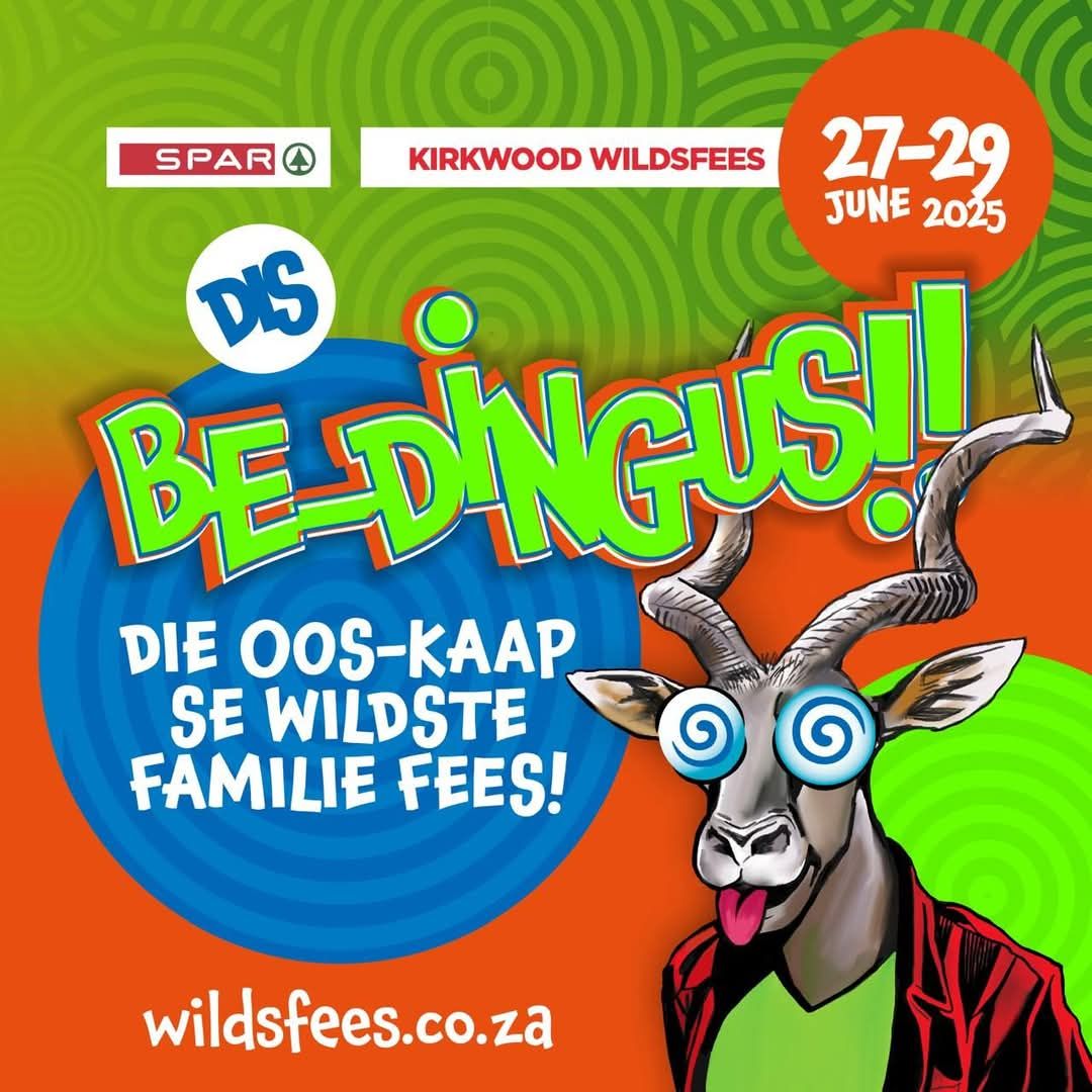 Poster for the Kirkwood Wildfees festival, featuring a cartoon antelope with spiral eyes, in orange, green, and blue.