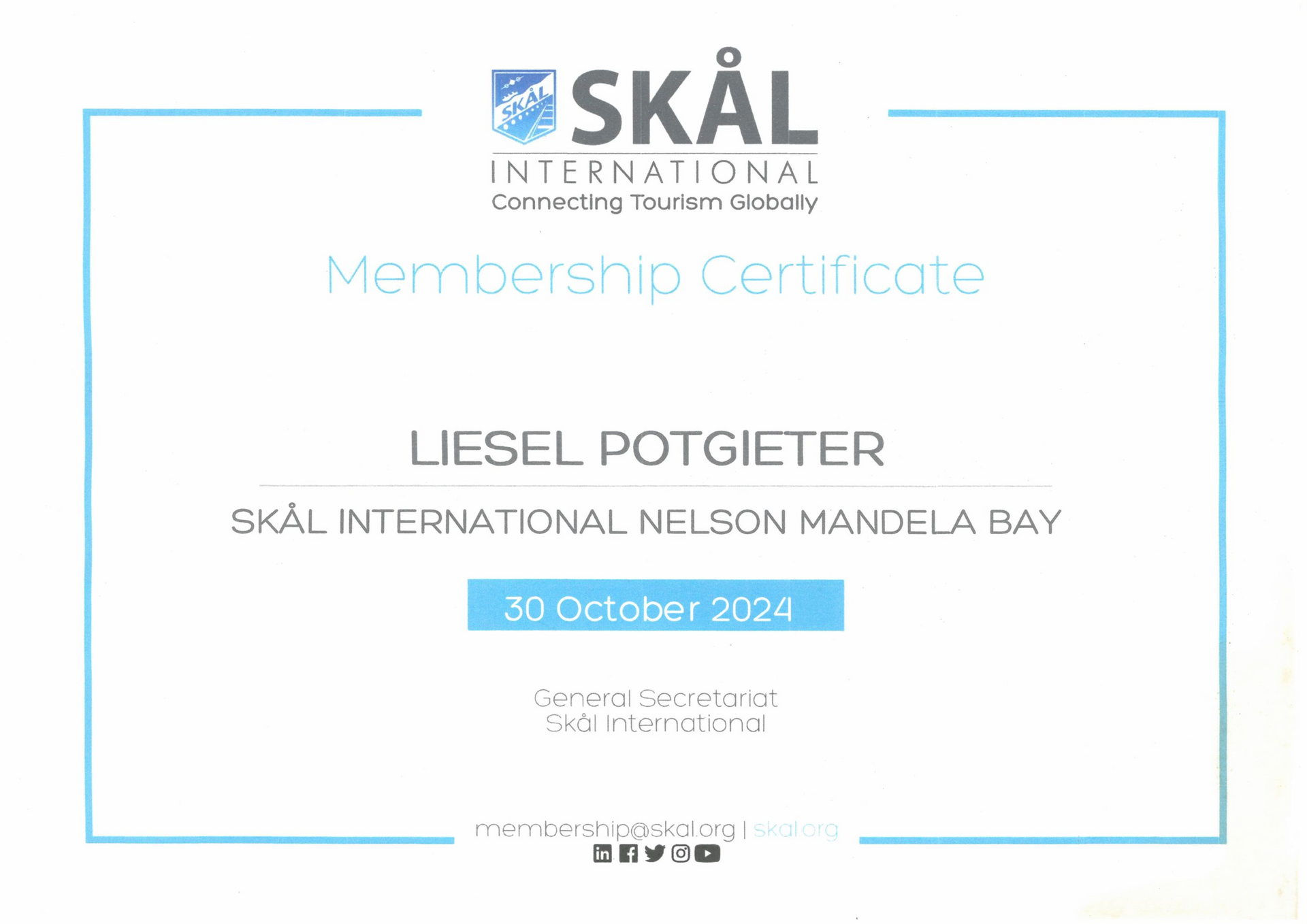 Membership certificate for Liesel Potgieter from Skål International Nelson Mandela Bay, dated October 30, 2024.