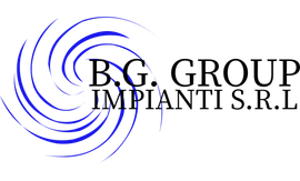 Un logo blu e bianco per bg group impianti srl