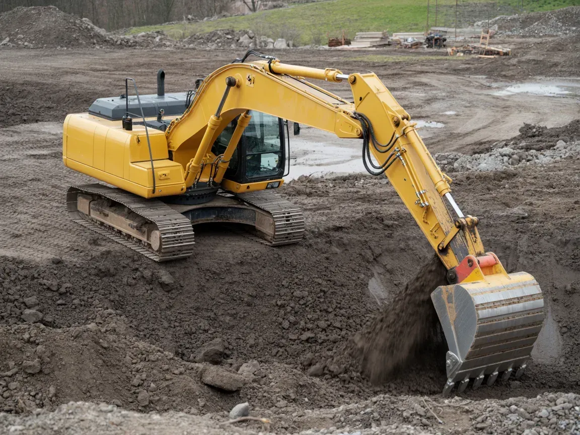 Yellow excavator digging in a muddy construction site