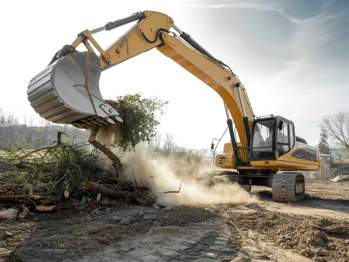 Yellow excavator clearing brush and dirt on a dusty construction site