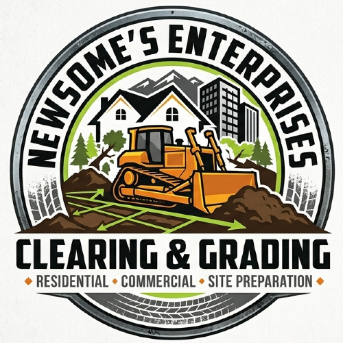 Newsome's Enterprises clearing and grading logo with bulldozer, house, and site preparation text