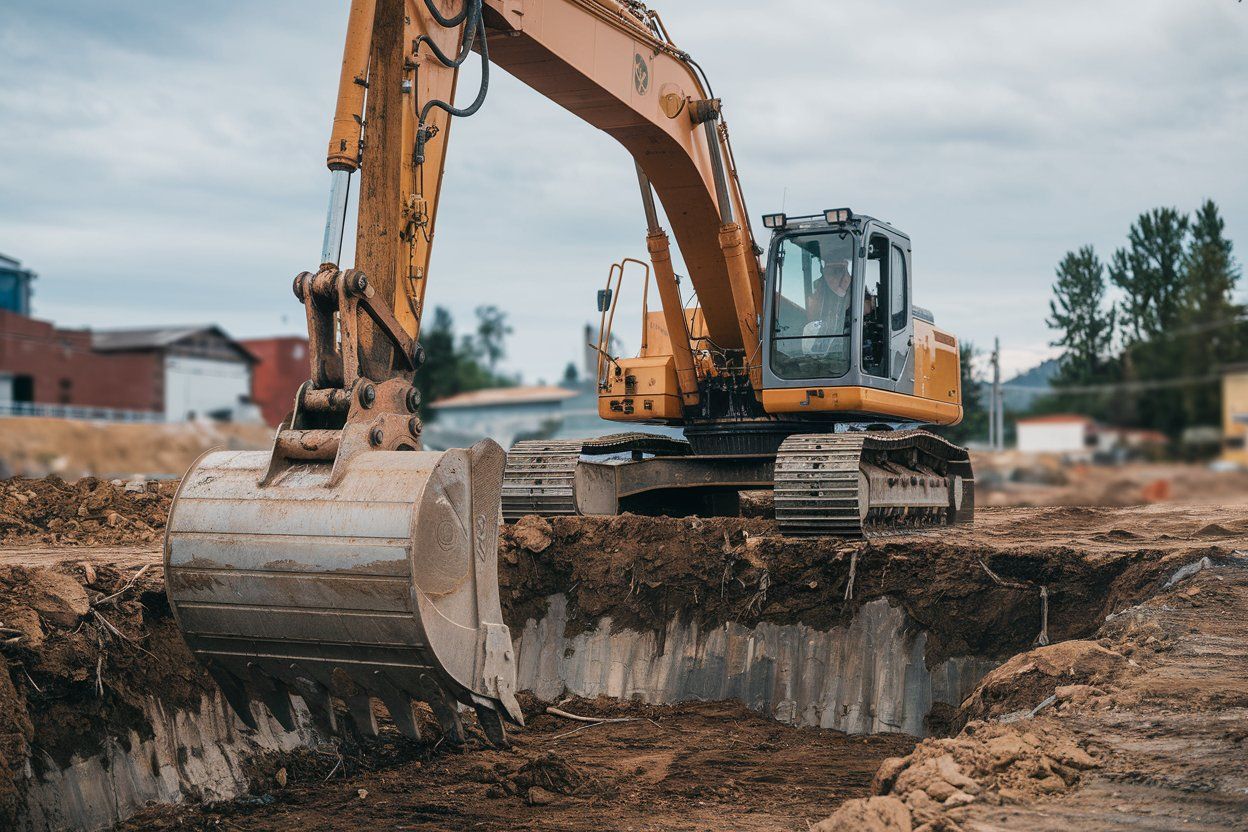 Yellow excavator digging a trench at a construction site with dirt piles and buildings in the background