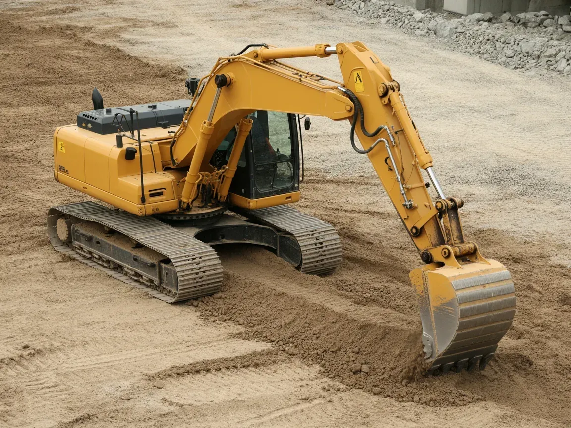 Yellow excavator digging in a sandy construction area
