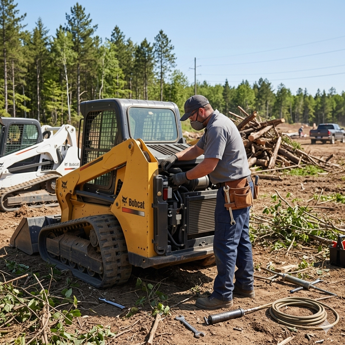 Worker operating a yellow tracked machine in a wooded logging yard with stacked logs nearby