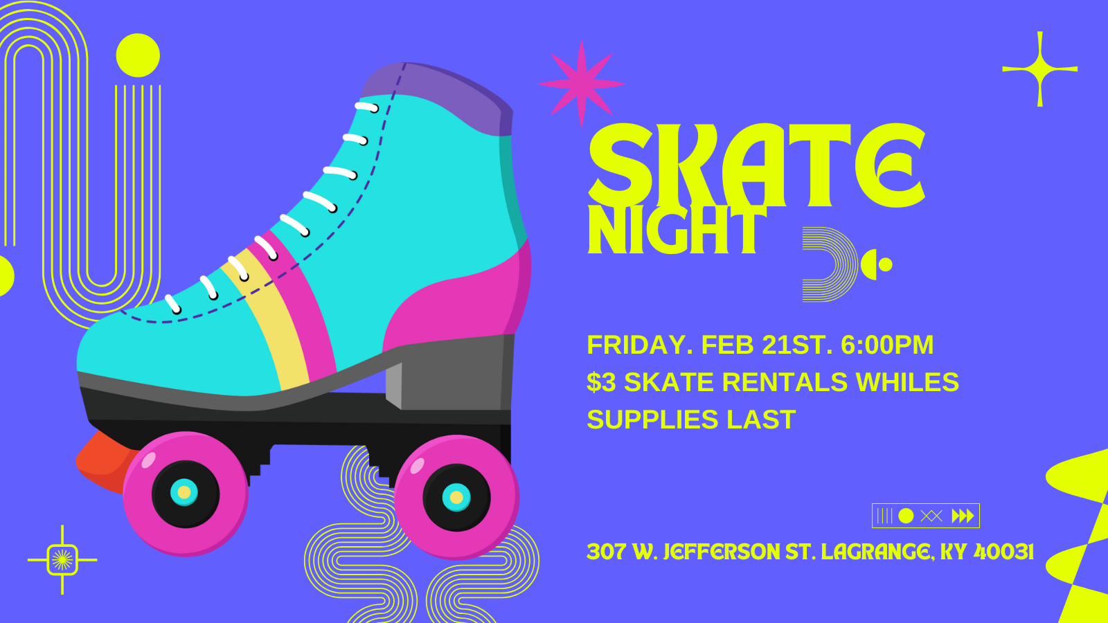 A poster for a skate night with a roller skate on it.