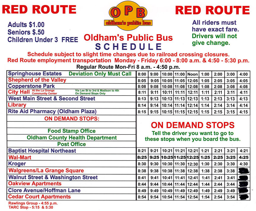 An oldham 's public bus schedule for the red route