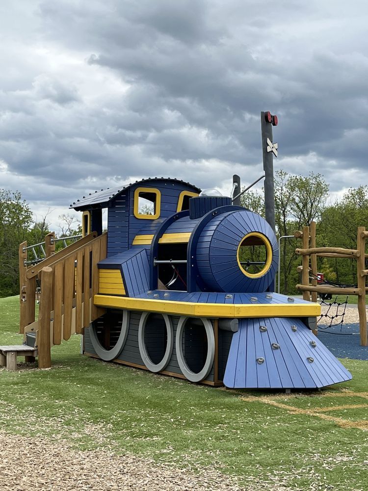 A blue and yellow train playground in a park.