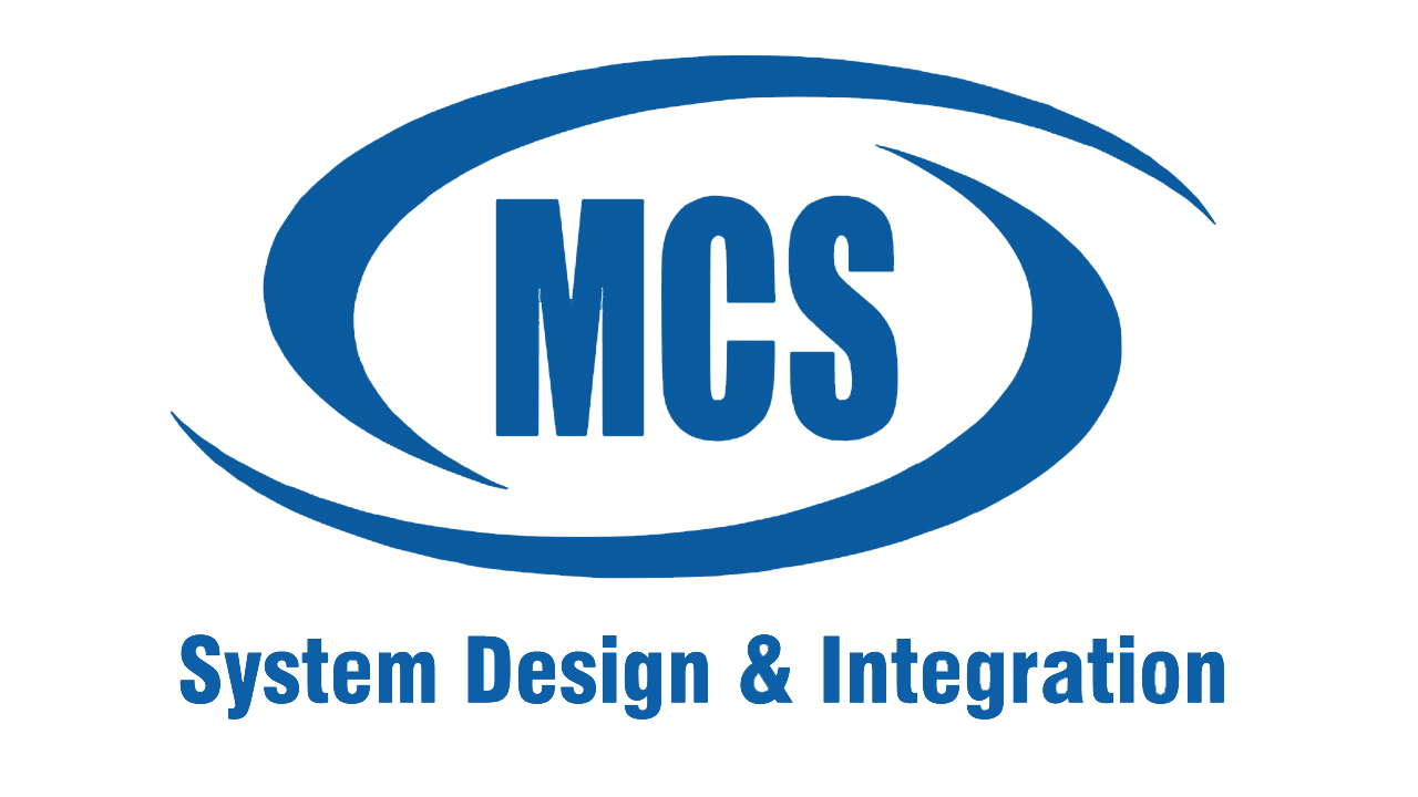 A blue and white logo for mcs system design and integration