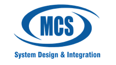 A blue and white logo for mcs system design and integration