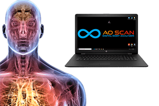A glowing human body overlayed with a laptop showing