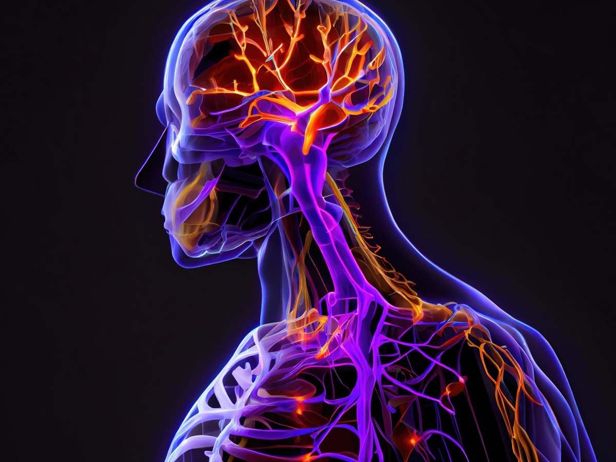Human nervous system diagram, highlighted in orange and purple against a dark background.