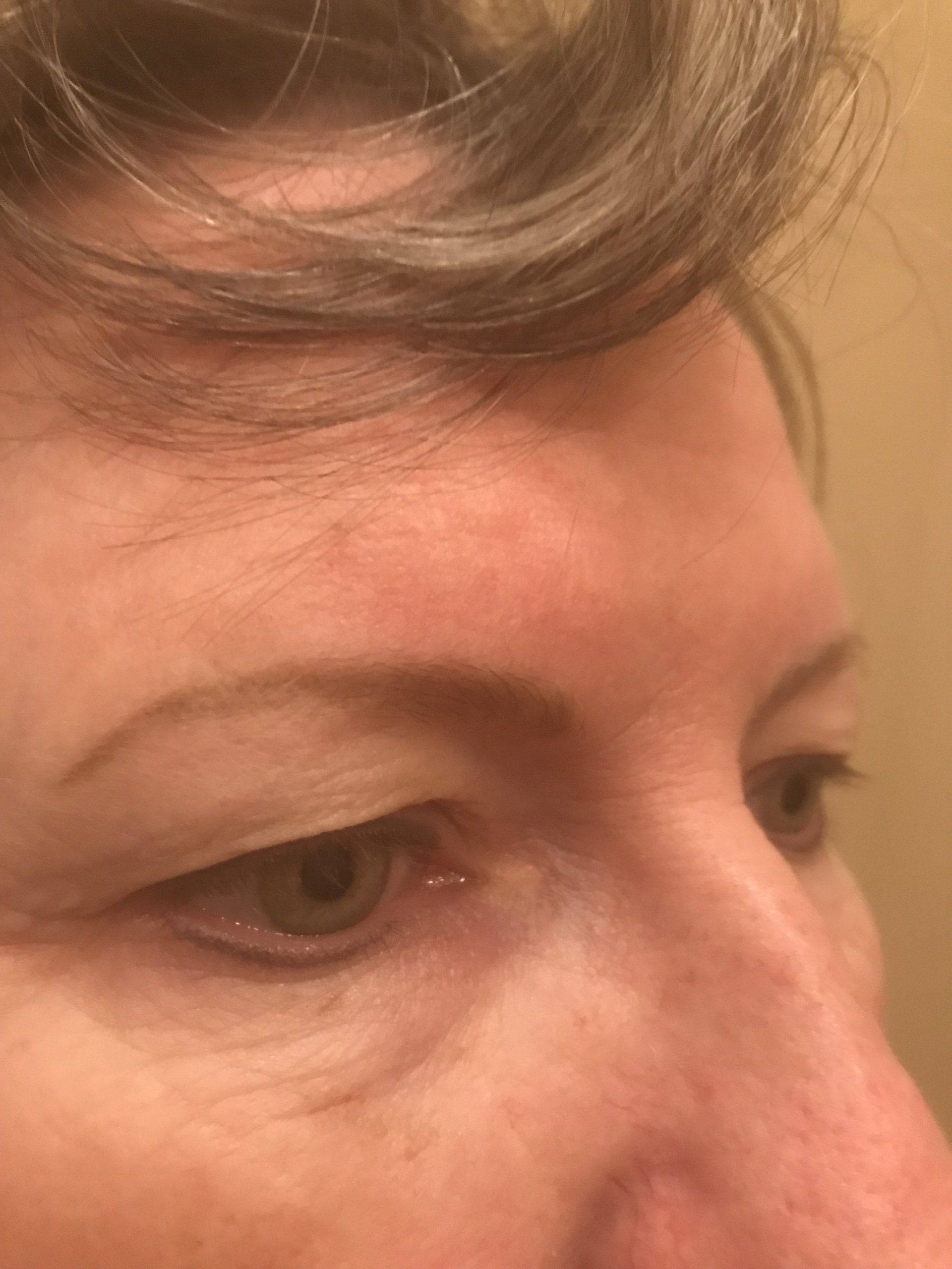 Close-up of a person's eyes and forehead; skin is fair with some wrinkles; eyebrows are arched, hair is gray.