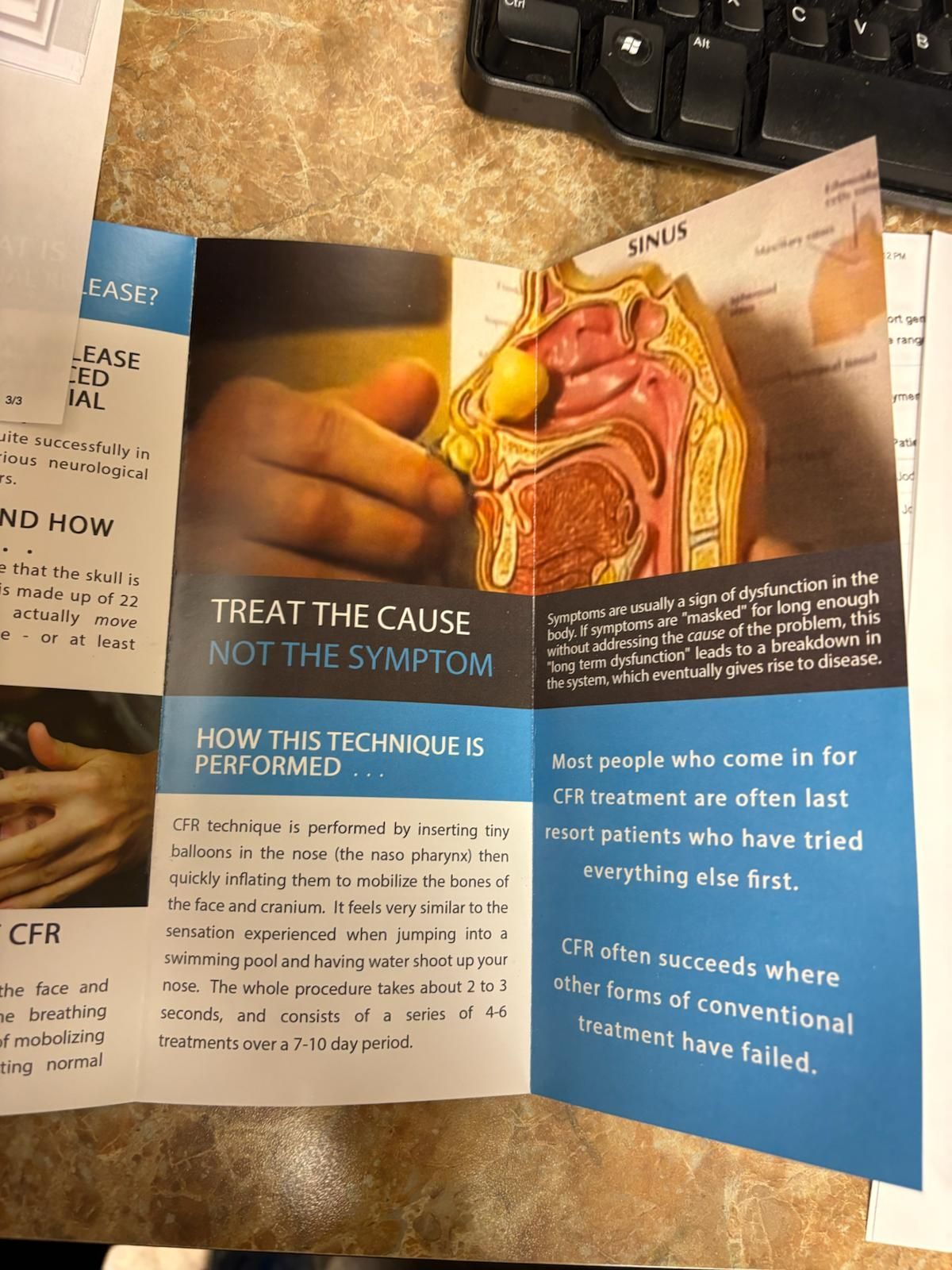 Brochure about treating nasal issues: hand touches model nose, text on causes and techniques.