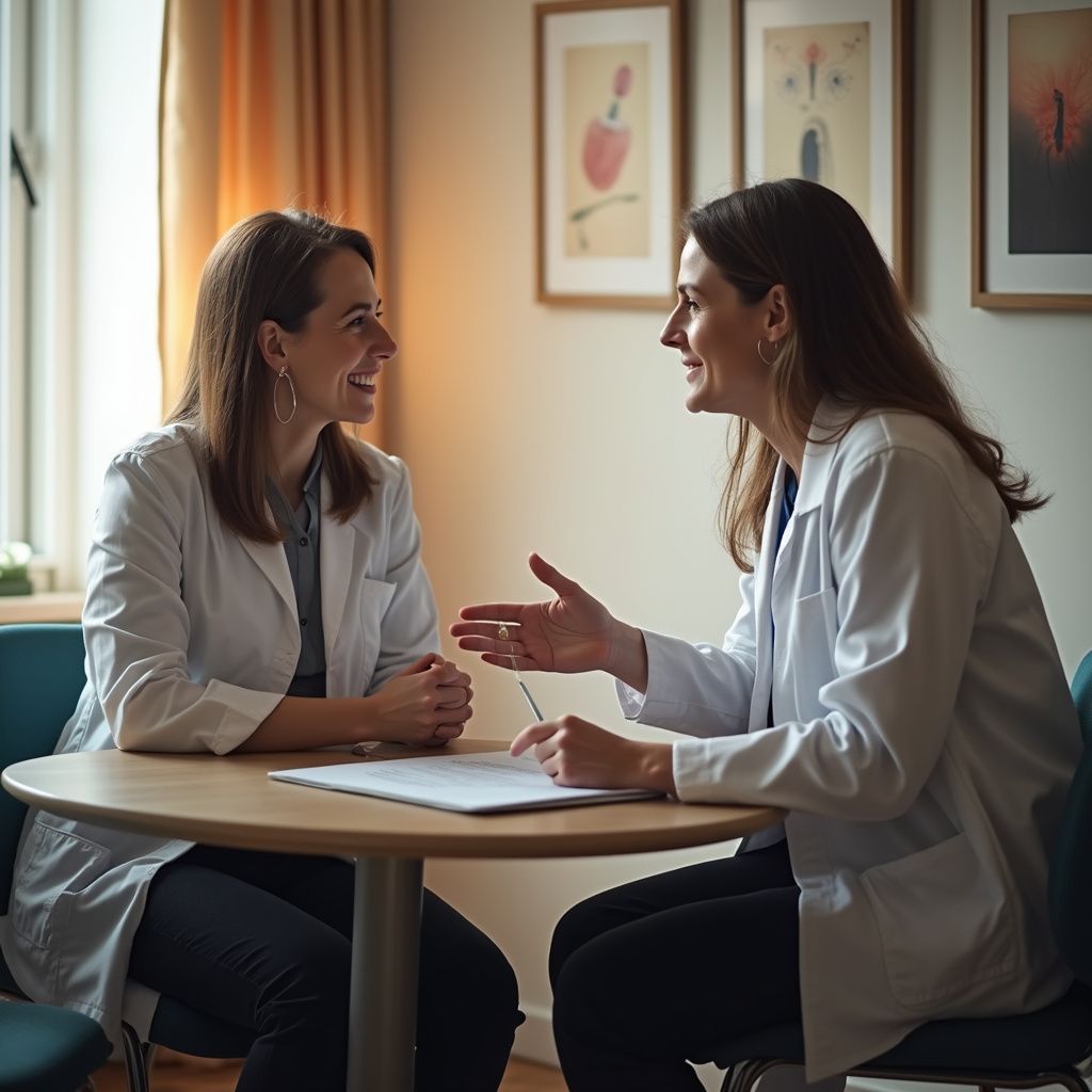 Two women in white coats sit at a table, smiling and talking in an office.