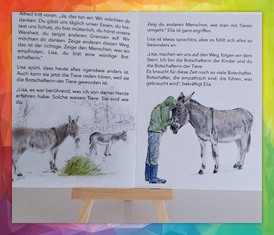 Ein Buch ist auf einer Seite aufgeschlagen, auf der ein Mann einen Esel füttert