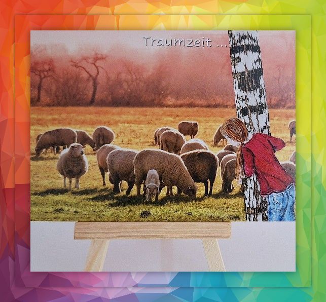 Ein Gemälde von einem Mädchen, der eine Schafherde betrachtet