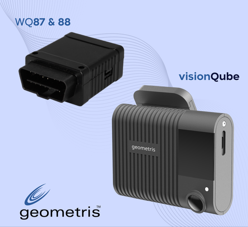 Black WQ87 & 88 OBD device and black visionQube device from geometris on a blue gradient background.
