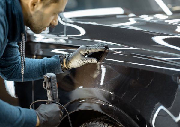 Auto body expert looking closely for a car scratch — Port Allen, LA — Delaune’s Auto Body