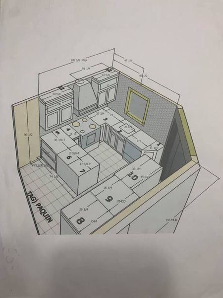 Un dessin d'une cuisine avec un cadre photo au mur