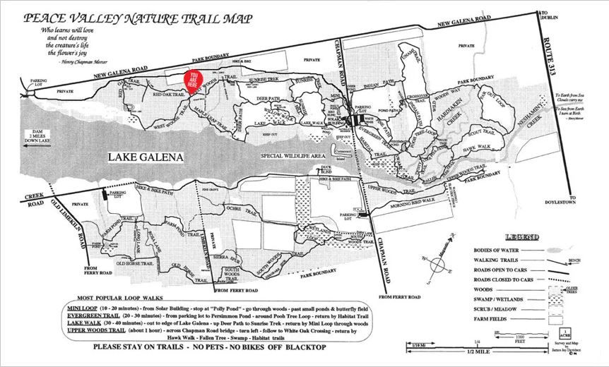 A black and white map of peace valley nature trail