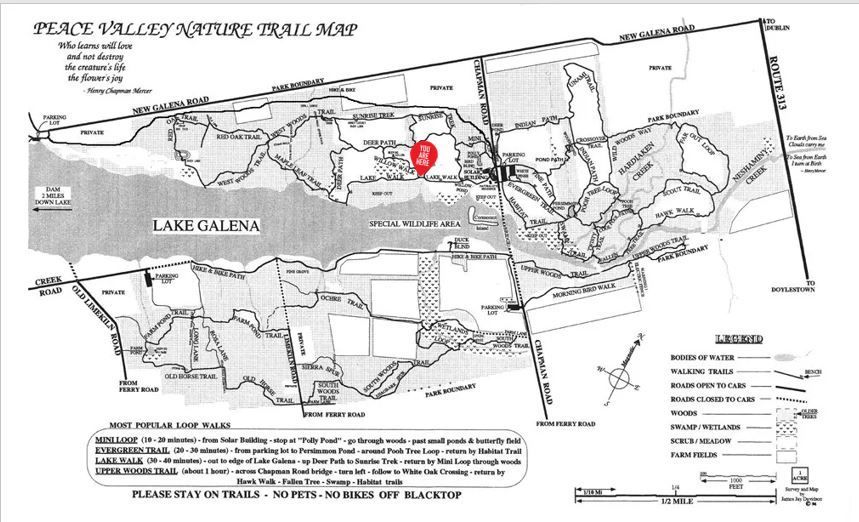 A black and white map of peace valley nature trail