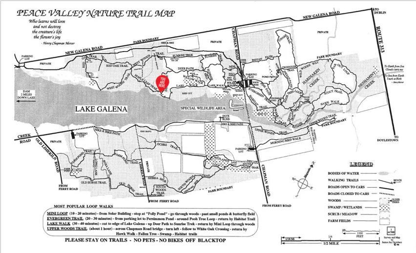 A black and white map of peace valley nature trail