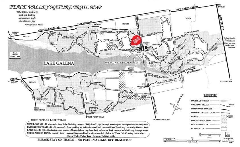 A black and white map of peace valley nature trail