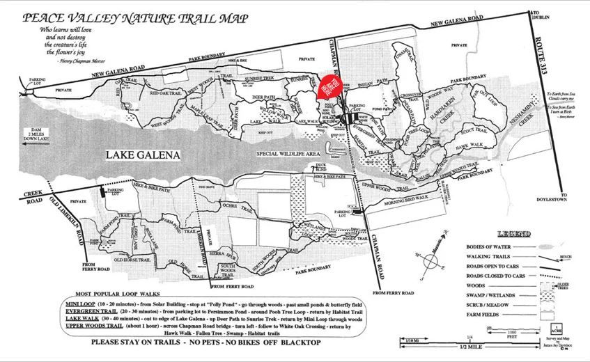 A black and white map of peace valley nature trail