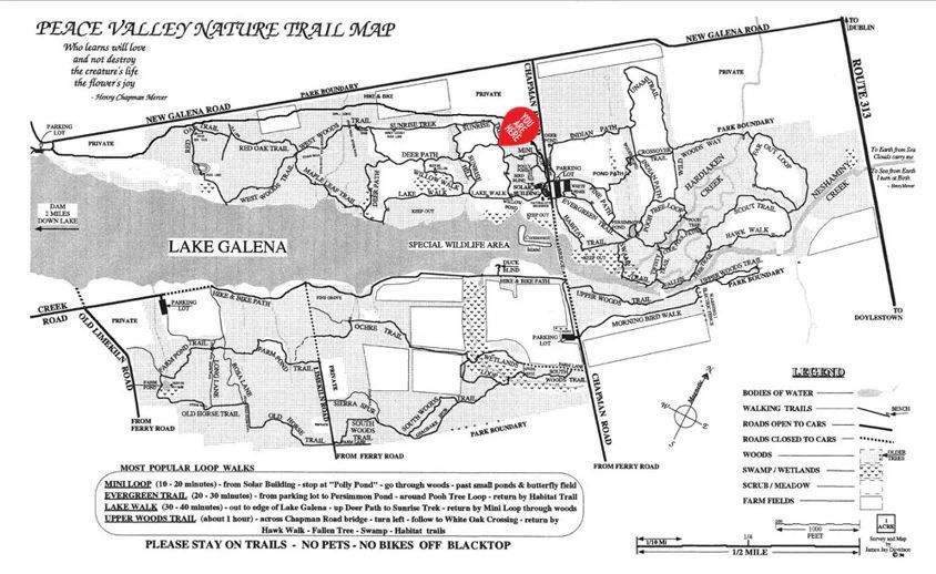 A black and white map of peace valley nature trail