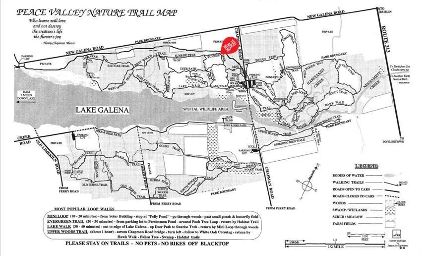 A black and white map of peace valley nature trail