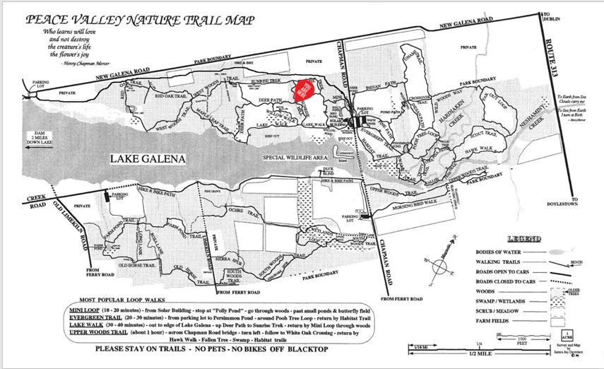 A black and white map of the peace valley nature trail