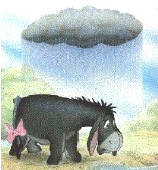 Eeyore from winnie the pooh is standing under a cloud in the rain.