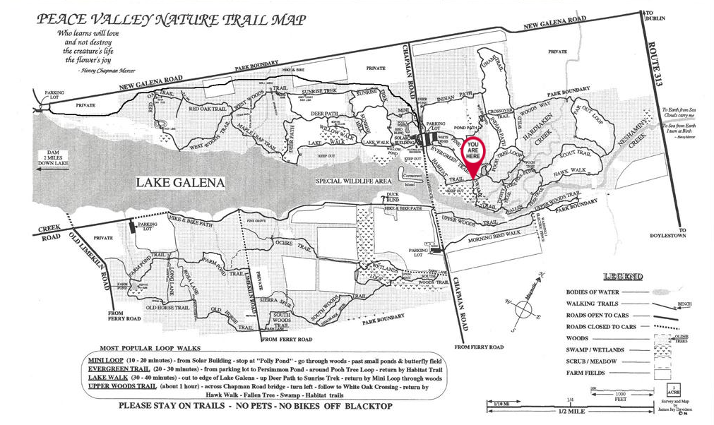 A black and white map of a park with a red pin on it.