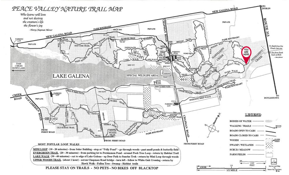 A black and white map of the peace valley nature trail