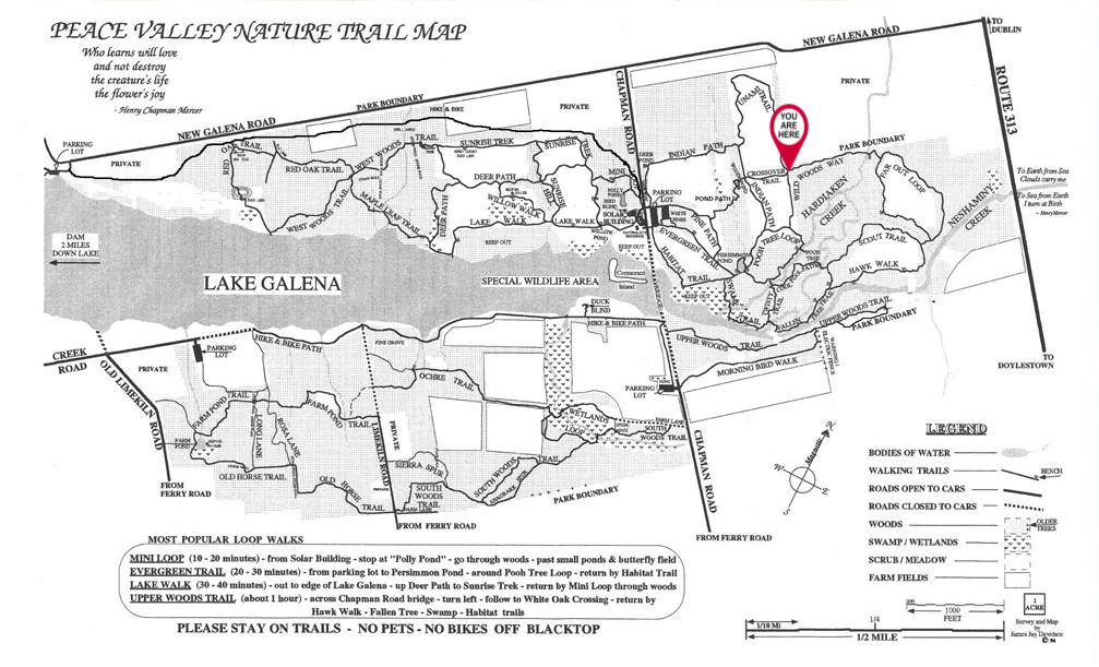 A black and white map of peace valley nature trail