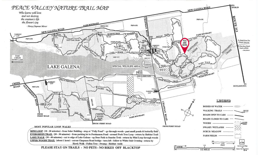 A black and white map of peace valley nature trail